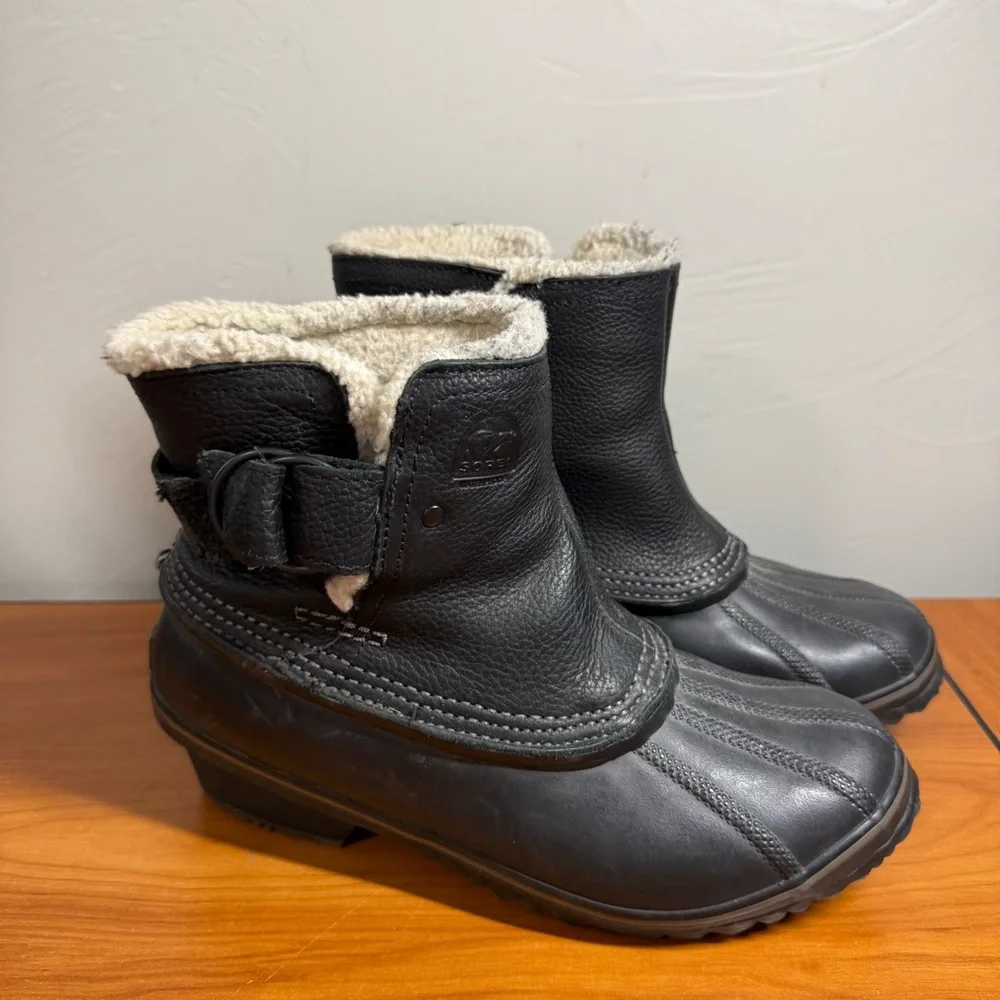 SOREL‎ Winter Fancy Ankle Rain Snow Buckle Duck Boots Black Leather Slip On 8.5